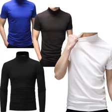 Mens Casual Slim Fit Basic Tops Turtleneck Lightweight Wicking Mock Cotton Tee