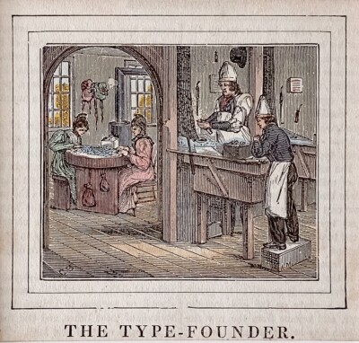 Schriftsetzer Type-Founder kolorierter Holzstich Passepartout Hazen Hunt 1837