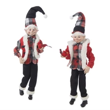 2-PK 16" POSABLE ELF Black & Red Plaid CHRISTMAS RAZ IMPORTS NEW 4002220