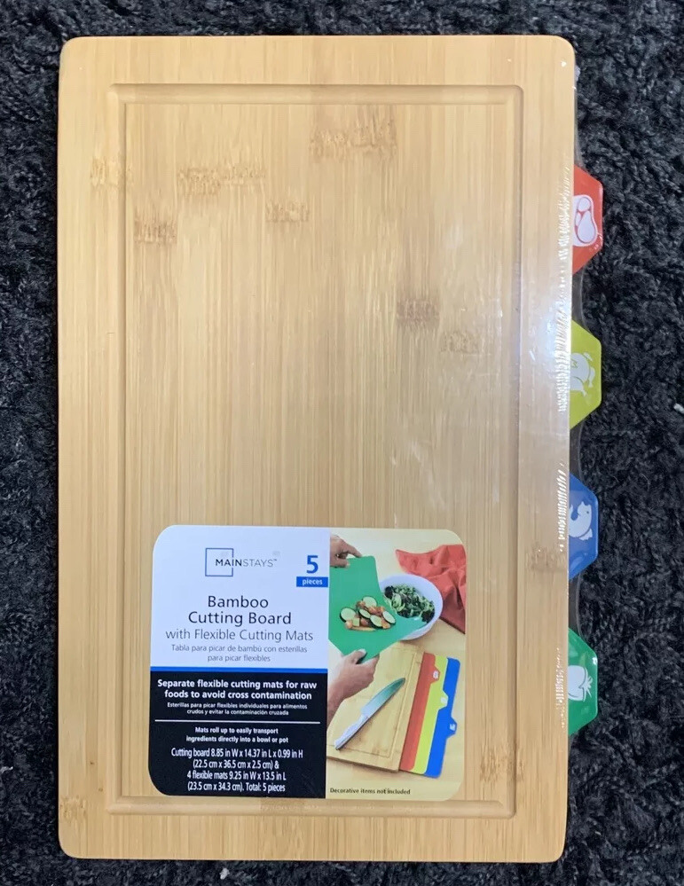 Mainstays Bamboo Cutting Board With Flexible Cutting Mats 5pc NEW
