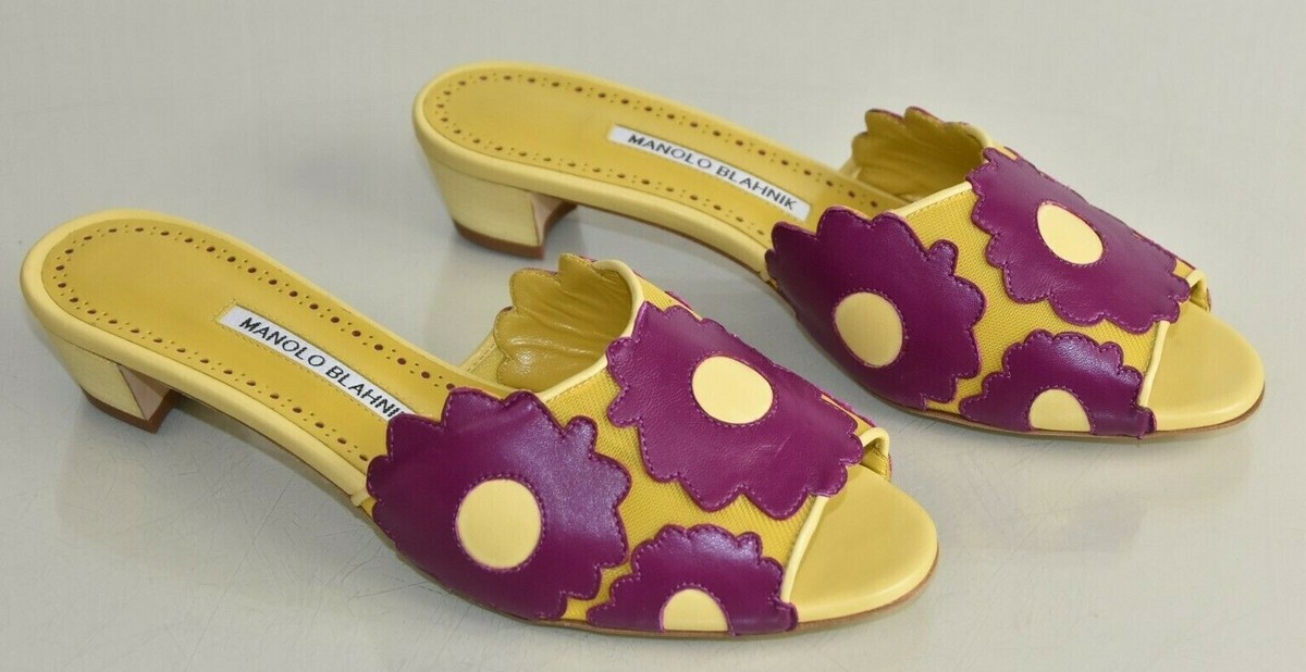NEW Manolo Blahnik Mesh Mules Plum Yellow Flowers Shoes 37.5 38