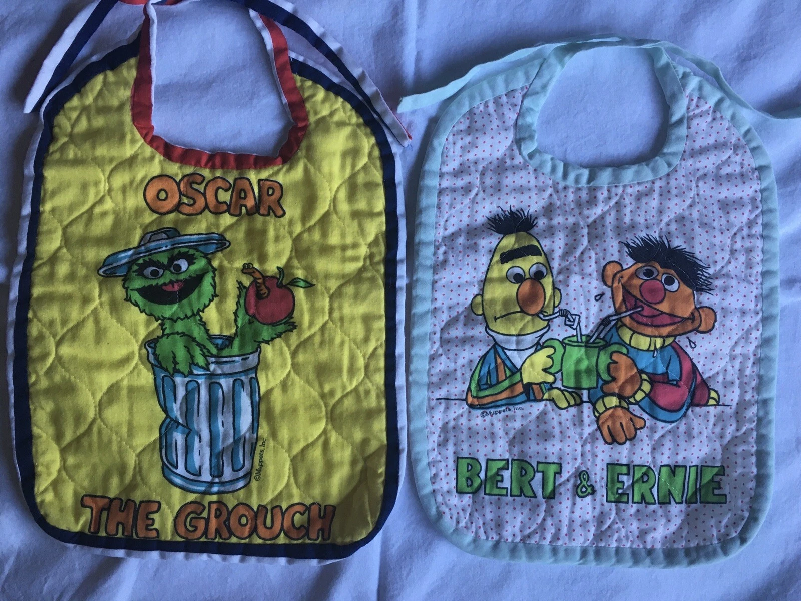 VTG Sesame Street Lot Of 2 Quilted Baby Bibs Bert Ernie Oscar Grouch 10” X 13”
