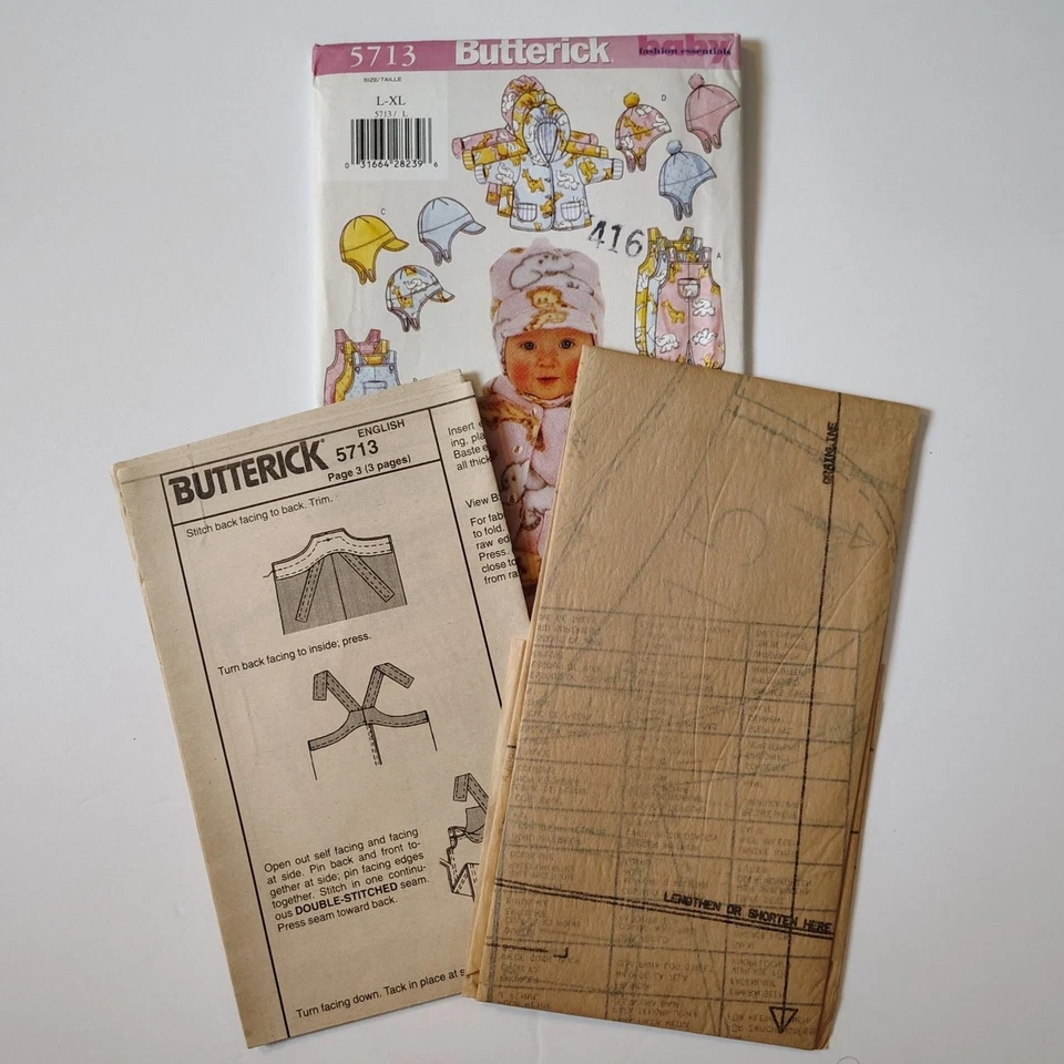 UNCUT Vtg Infant Baby Jacket Overall Pants Hat Sewing Pattern Butterick 5713 - Image 3 of 4