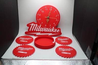 Milwaukee Tools Inspired Wall Clock & Coaster Set For Man Cave Garage Or Bar