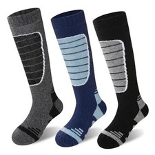 Kids Merino Wool Ski Socks Knee high Winter Thick Warm 8-12 Years Grey Stripe