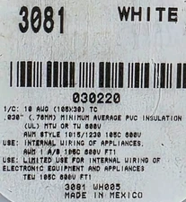 Alpha Wire 3081 #10awg Premium Tinned Copper 600V Hook-Up/Lead Wire White /10ft