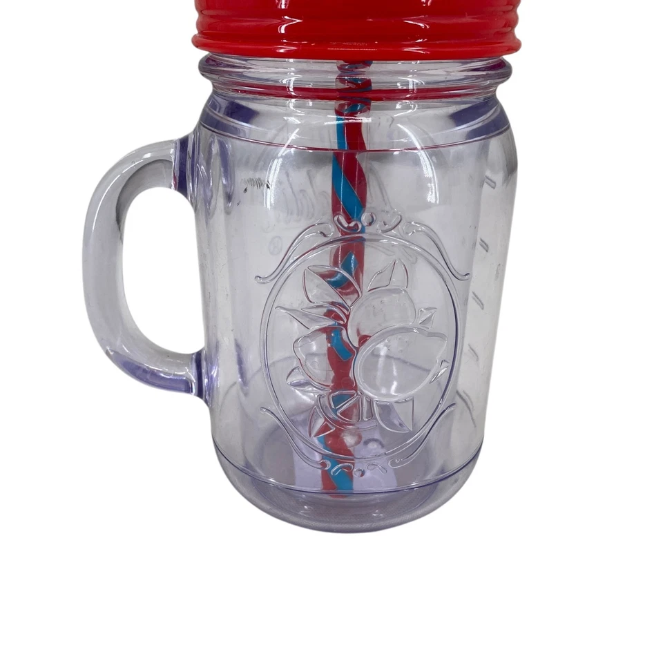 Aladdin Clear 16 oz Mason Jar Tumbler Travel Mug Red Blue Straw & Handle Red Lid - Image 4 of 4