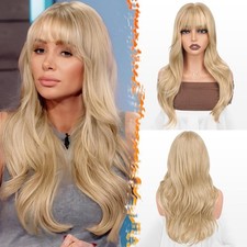 Beach Blonde Long Layered Soft Wavy w/ Bangs 20in Women Premium Hair Wig