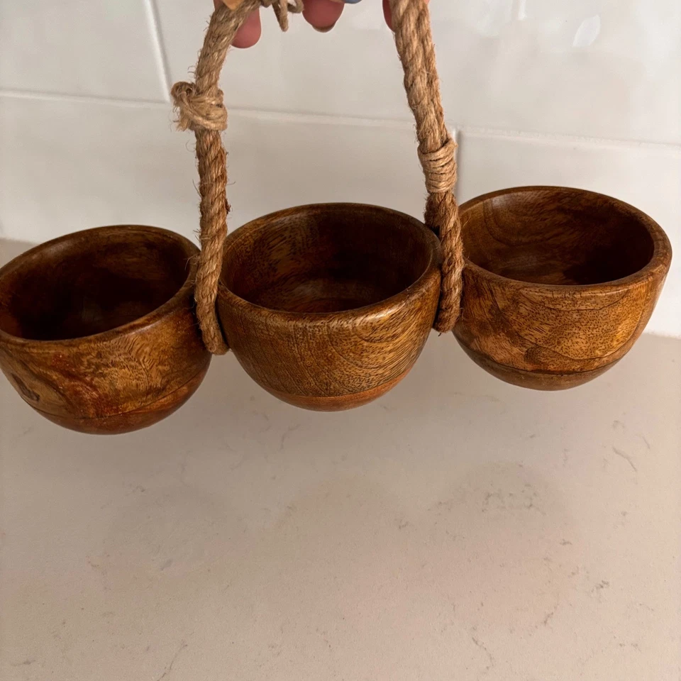 Torta de lama de madeira tripla imersão para servidor tigelas de condimento com cabo de corda nova - Imagem 2 de 4