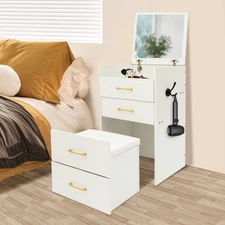 3 Drawers Makeup Desk W/ Mirror Compact Dressing Table Vanity Table W/ Stool