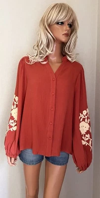 Blouse tunique terracotta broderies manches gaze de coton LILIE ROSE M/L Neuve - Photo 1/4