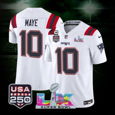 Drake Maye 10 Patriots White Super Bowl LX 250th PatchStitched Jersey All Sizes