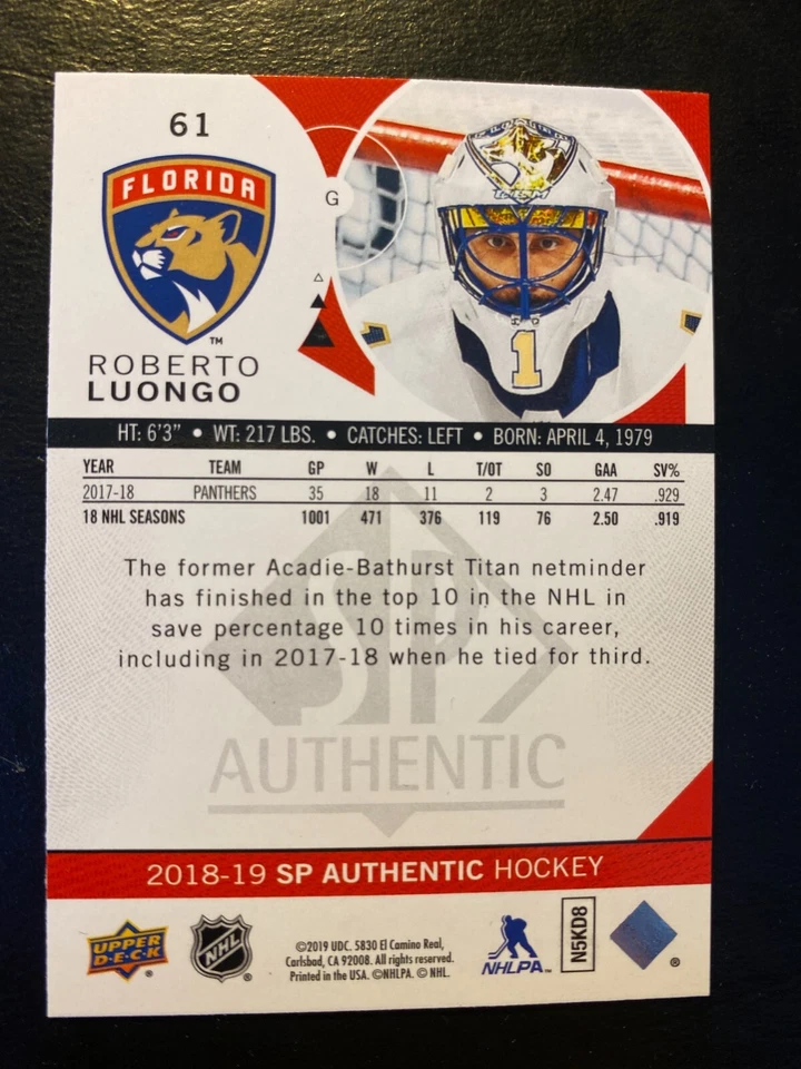 Roberto Luongo 2018-19 SP Authentic Upper Deck #61 Florida Panthers - Image 2 of 2