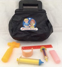Vintage Fisher Price Doctor Nurse Black Bag and Accessories 7 Pieces Play Kit