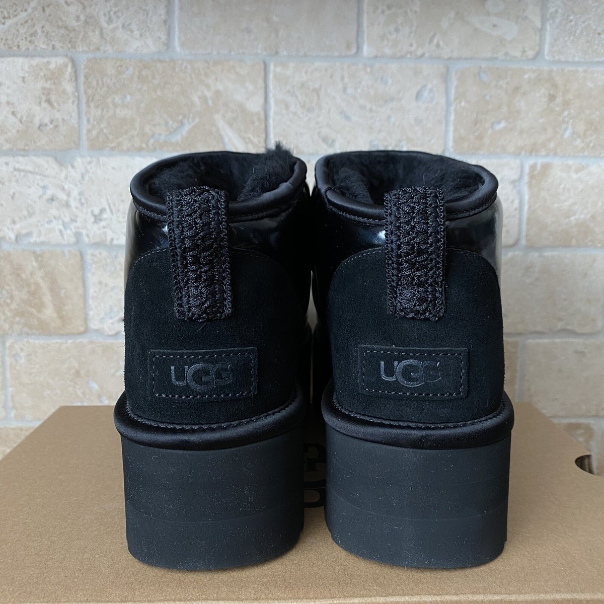 UGG Classic Ultra Mini Platform Hi Shine Black Textile Fur Boots