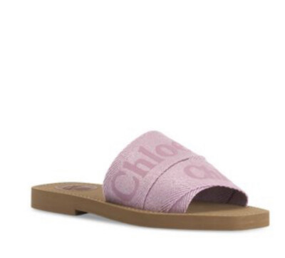 人気!CHLOE パープル Woody サンダル ❤️ Chloe Woody Flat Logo Ribbon Slide Creamy Lilac SZ 38