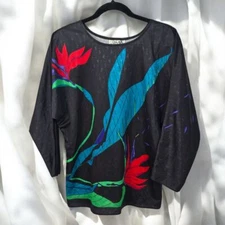 Vintage Vera Newman Blouse Medium? Black Tropical Floral Print Raglan Sleeve