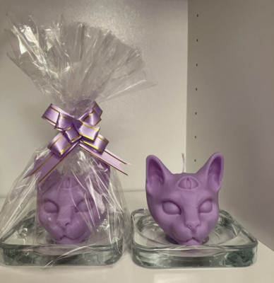 Mystische Katzenkopf Kerze - Geschenk verpackt mit Glasuntersetzer - Hokuspokus Duft
