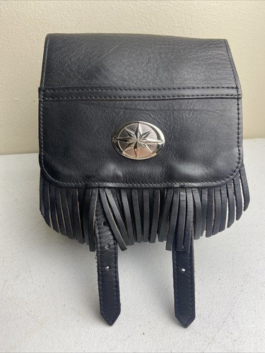 Yamaha Handcrafted Leather Bag w/ Star Logo Fringed Belted Black Motorcycle Bike