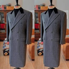 Herringbone Men Long Overcoat Peak Lapel Double Breasted Formal Winter Long Coat
