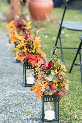 22" Lantern & Fall Flowers with Dark Red Lily - Centerpieces for Weddings/Events - Picture 2 of 2