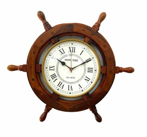 Wooden Wall Clock 18 inch Ship Wheel Style Big Ben Beautiful Gift Heavy Quality