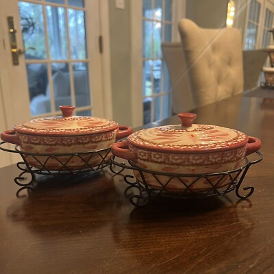 Temptations Old World Red Oval 9 oz Individual Casserole w/Metal Stand Set of 2