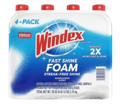 4 PACK Windex Foam Glass Cleaner Fast Shine Streak-Free Rainshower Scent  19 oz,