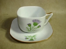 Teacup and Saucer with Purple Thistle - Unmarked Fine Bone China