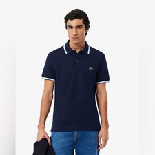 Lacoste Regular Fit Trim Accent Short Sleeve Pique Polo Navy Blue Men Small 125