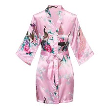 Womens Short Kimono Robes Bride and Bridesmaid Satin Floral Bathrobe Peacock ...