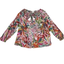 C&C California Top Womens M Tropical Floral Smocked Tassel Tie Neck Cotton Pink