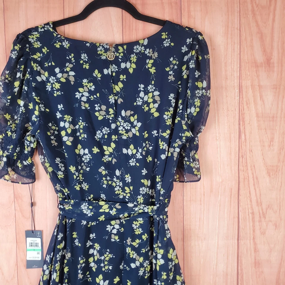 Vestido Tommy Hilfiger Midi Imitación Envolvente Para Mujer 8 Azul Floral Sobrepelliz Cuello Cremallera Trasera Foto 3 de 4
