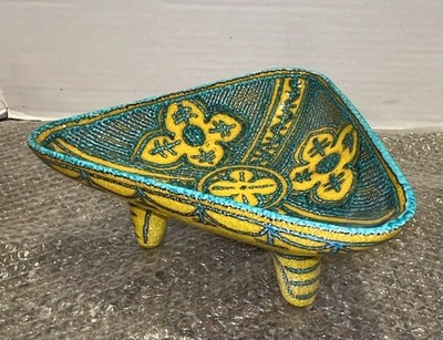 Mancioli Raymor Yellow Turquoise Ceramic Footed Bowl Italian Bitossi 477 Italy