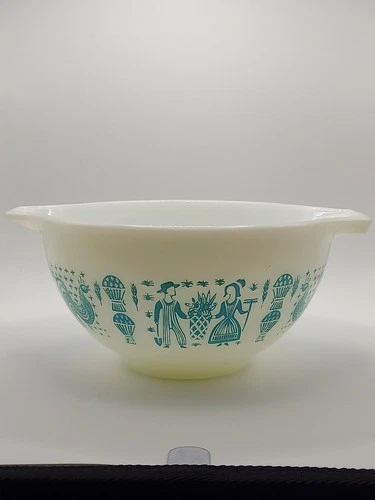 Vintage Pyrex 1 1/2 Pt Amish Butterprint Cinderella Bowl #441 Turquoise on White