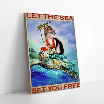 Let The Sea Set You Free Cat Sitting On Turtle Sea Matte Poster Wall Art