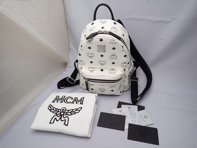 MCM Logogram Backpack Visetos Studs White MMK6SVE41WT001 Leather w