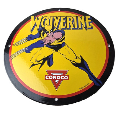 Vintage Conoco Gasoline Porcelain Sign - Wolverine X-Men Comics Gas Pump Sign