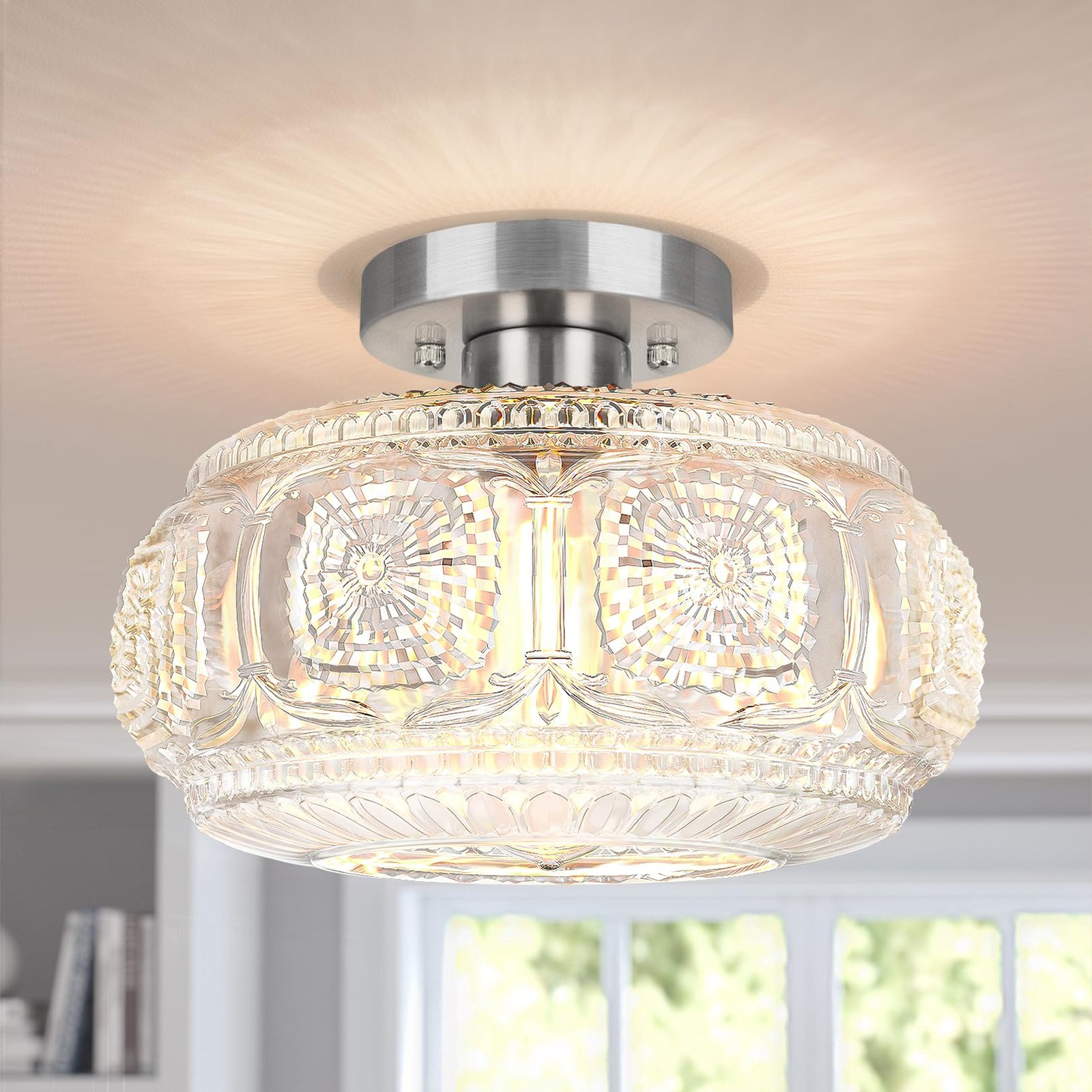 Upgraded Brushed Nickel Semi Flush Mount Ceiling Light with Glass Shade