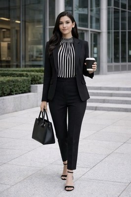 ADRIANNA PAPELL Timeless Career Black Pink White Striped Ruffle Mock Neck Blouse