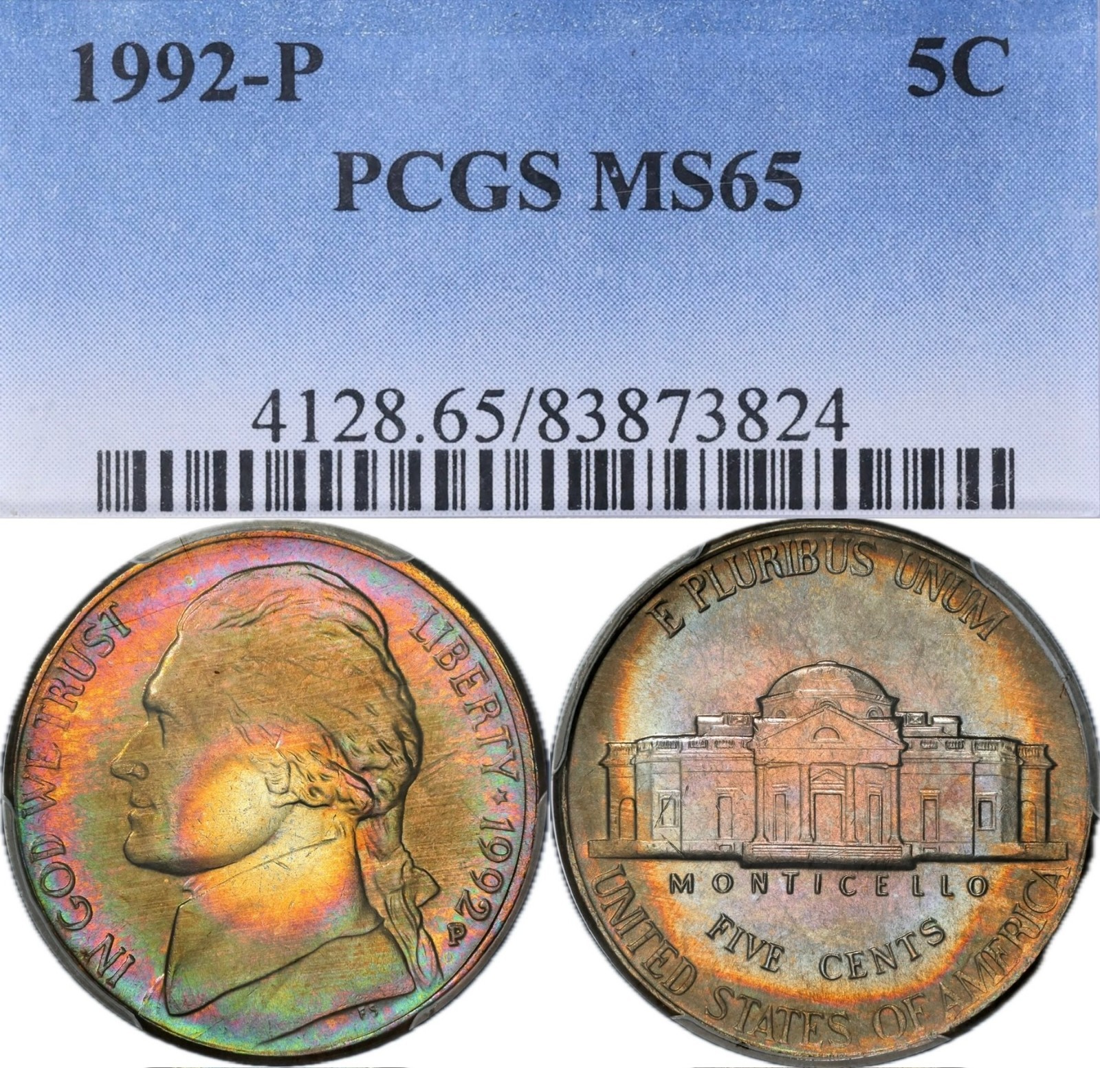 MS65 1992-P 5C Jefferson Nickel, PCGS- Bright Rainbow Album Toned