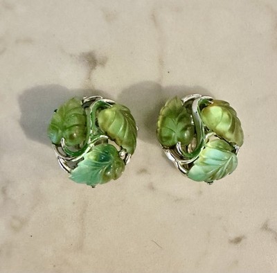 Vintage Star Signed Green Glass And Enamel Leaf Clip-on Earrings, 1  Diameter