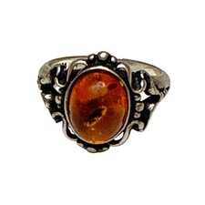 Vintage 925 Sterling Silver Amber Ring Size 6.5 Ornate Art Deco Style