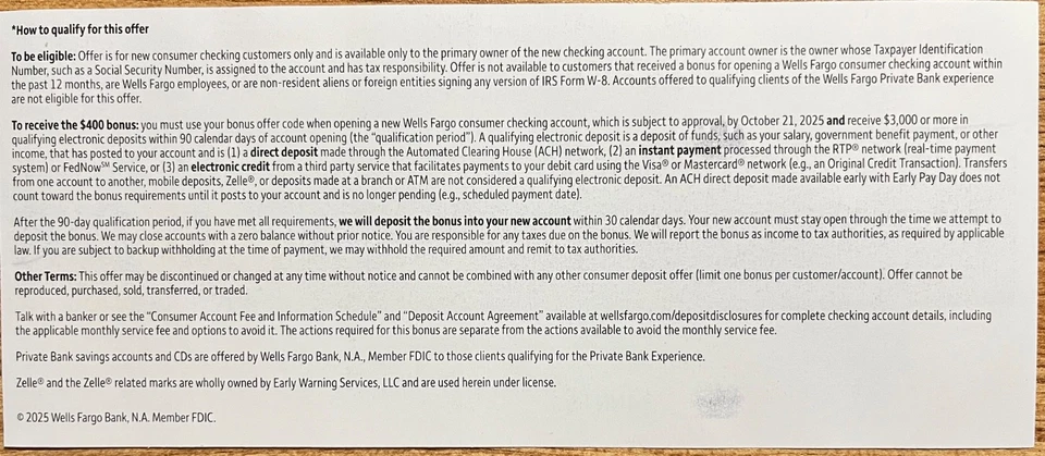 WELLS FARGO BANK CHECKING ACCOUNT $400 BONUS COUPONS EXP 10/21/2025 - Image 3 of 3
