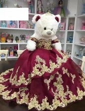 Burgundy Quinceanera Little Teddy Bear Dress Gold Lace Applique Beaded Dress