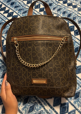 Calvin Klein Women's Brown Faux Leather Monogram Backpack with Chain Accent