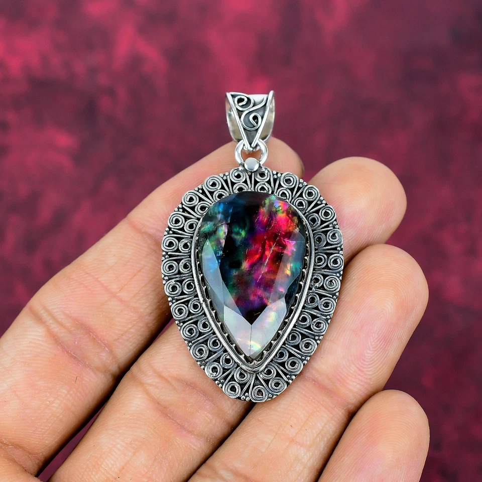 Gemas Ammolita Hechas a Mano 925 Steling Plata Joyería Colgante Amor Para Siempre Regalo Foto 2 de 4