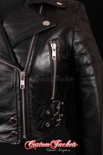 VOGUE Ladies Cropped Leather Jacket Black Designer Biker Real Leather Jacket - Picture 9 of 12