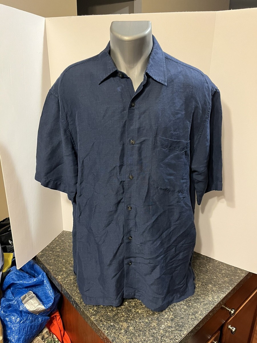Van Heusen Men's SS Button Down Blue Shirt L Linen Rayon