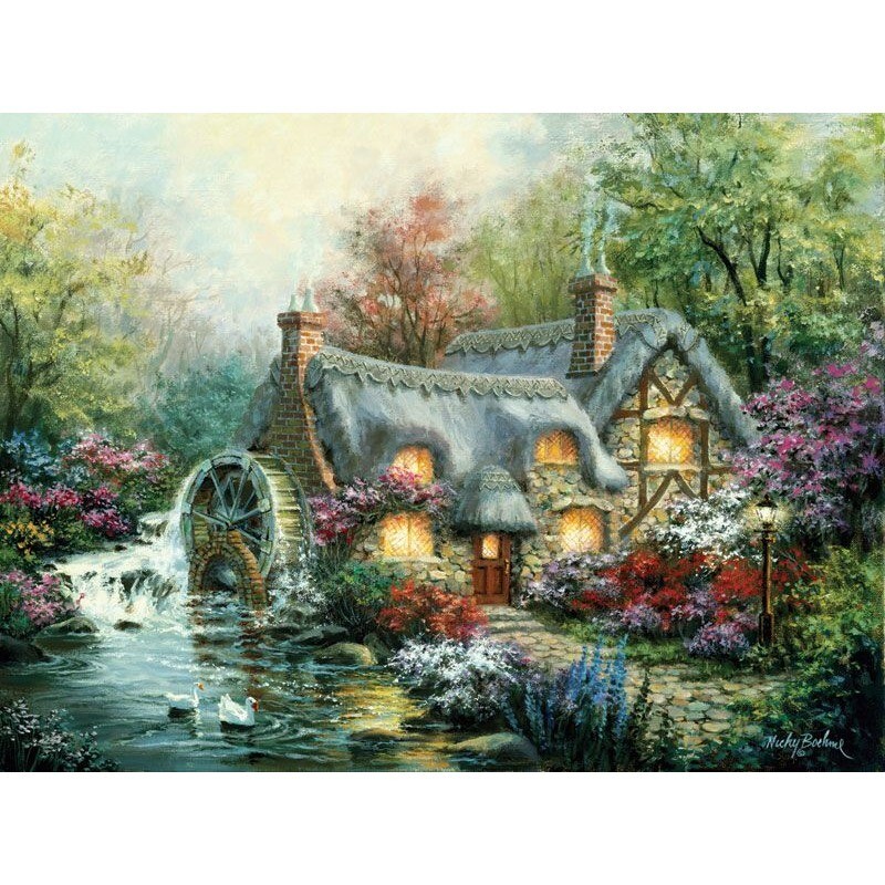 NEW Sunsout Cottage Mill 1000 piece jigsaw puzzle Stream Swans ...